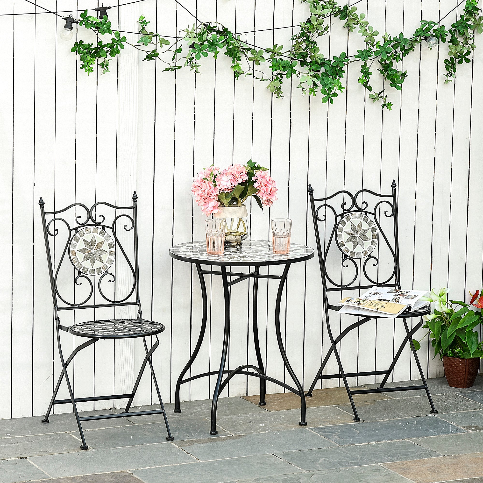 Outsunny 3 Pcs Mosaic Tile Garden Bistro Set Outdoor Seating w/ Table 2 Folding Chairs Set Metal Frame Elegant Scrolling Indoor Patio Balcony 