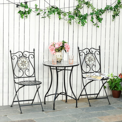 Outsunny 3 Pcs Mosaic Tile Garden Bistro Set Outdoor Seating w/ Table 2 Folding Chairs Set Metal Frame Elegant Scrolling Indoor Patio Balcony 