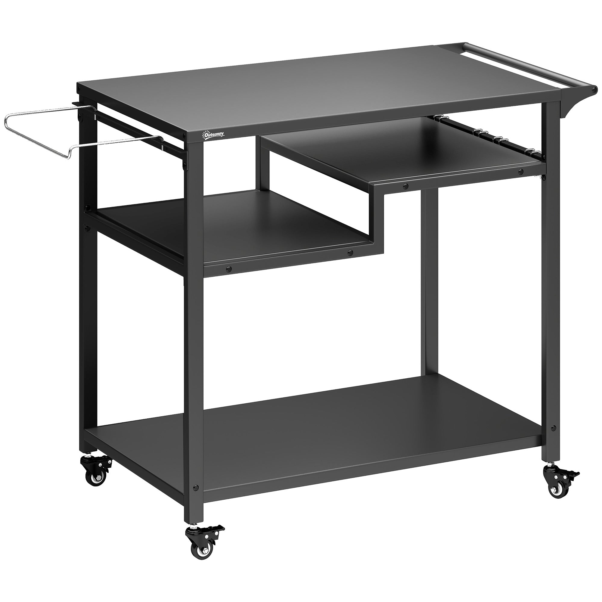 Outsunny Outdoor Grill Cart, Three-Tier Pizza Oven Stand  with Steel Tabletop, Hooks, Rubbish Bag Holder, Wheels, Black 