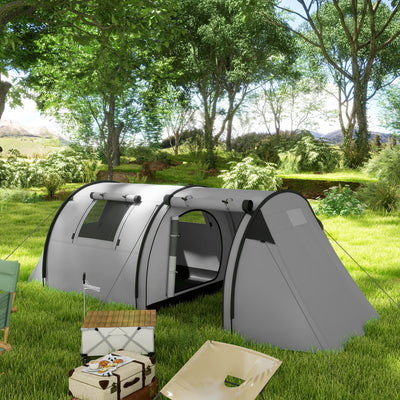 Outsunny Four Man Duo Room Tunnel Tent, with Accessories - Grey 