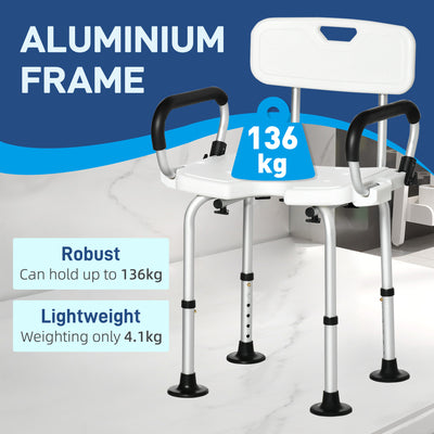 HOMCOM Shower Chair for the Elderly and Disabled, Height Adjustable Shower Stool with Back and Flipped Padded Arms, Suction Foot Pads, White 