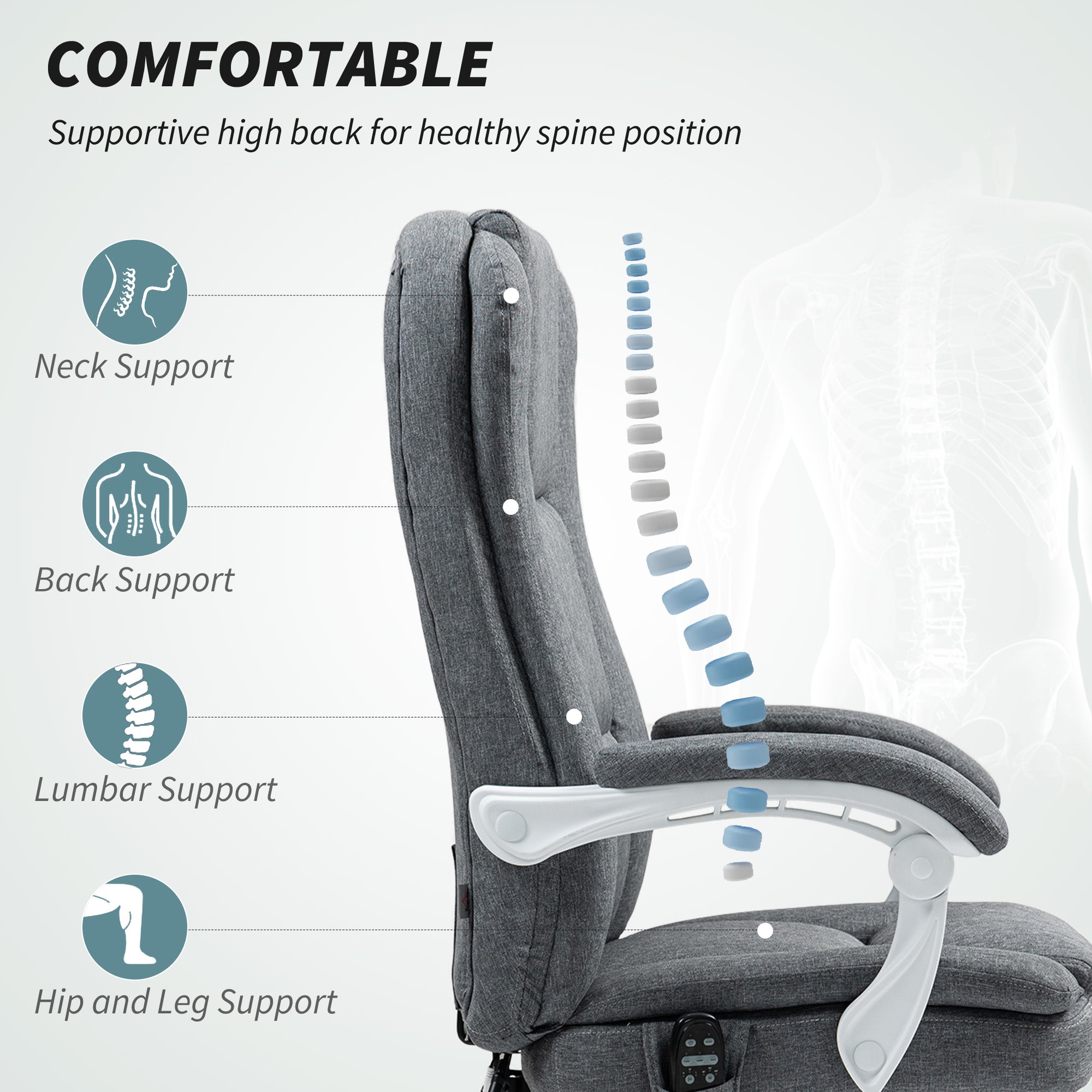 HOMCOM Executive Office Chair with 8-point Massage and Heat, Fabric Computer Desk Chair with Reclining Backrest, High Back, Height Adjustable, Swivel Wheels, Footrest, Remote, for Home, Grey 