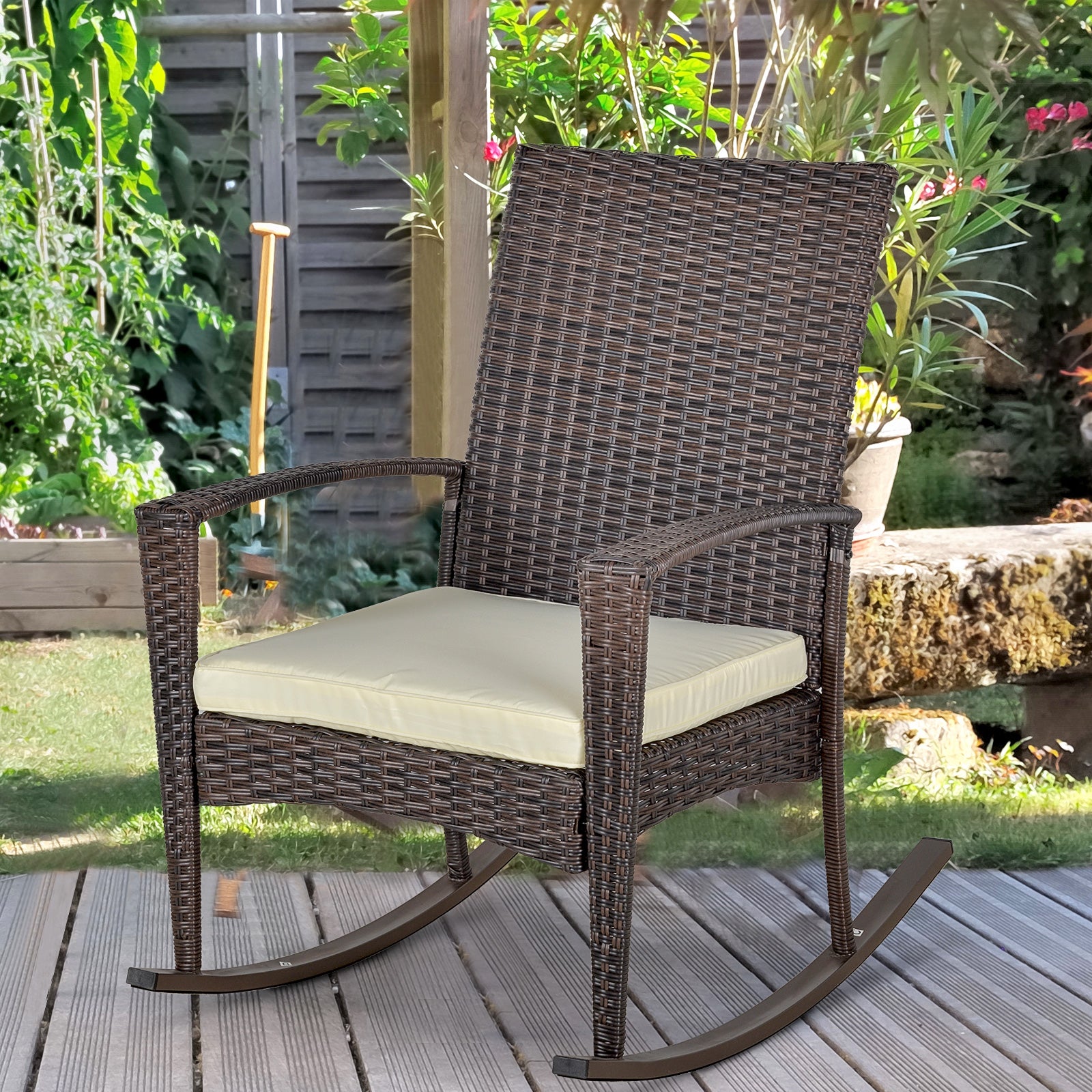 Outsunny PE Rattan Garden Rocking Chair, Outdoor Rocking with Cushion, 160 KG Capacity Wicker Garden Armchair Rocker with Metal Frame for Patio, Porch, Balcony, Brown 