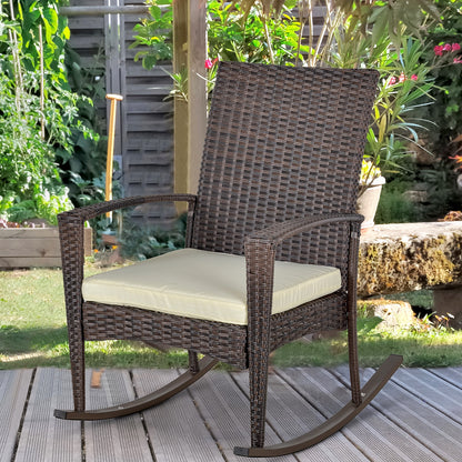 Outsunny PE Rattan Garden Rocking Chair, Outdoor Rocking with Cushion, 160 KG Capacity Wicker Garden Armchair Rocker with Metal Frame for Patio, Porch, Balcony, Brown 