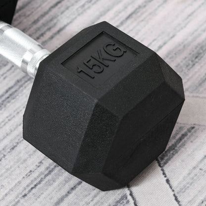 HOMCOM 15KG Single Rubber Hex Dumbbell Portable Hand Weights Dumbbell Home Gym 