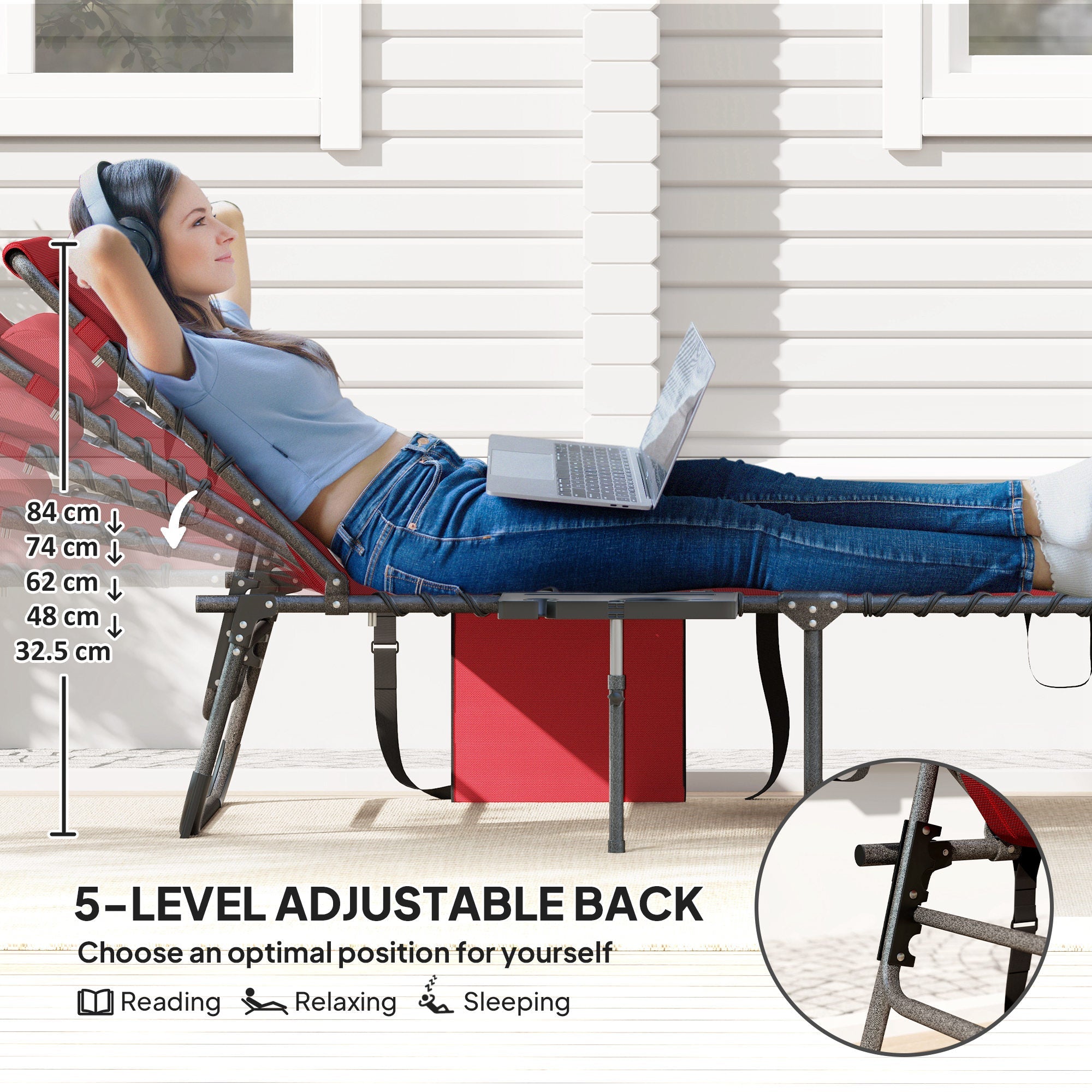 Outsunny Five-Position Reclining Sun Lounger - Red 