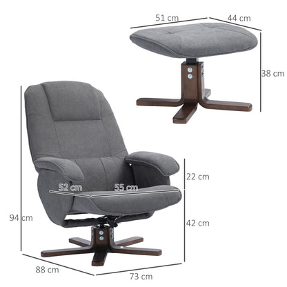 HOMCOM Linen Swivel Recliner Chair with Footstool, Upholstered Reclining Armchair with Wooden Base for Living Room, Grey 