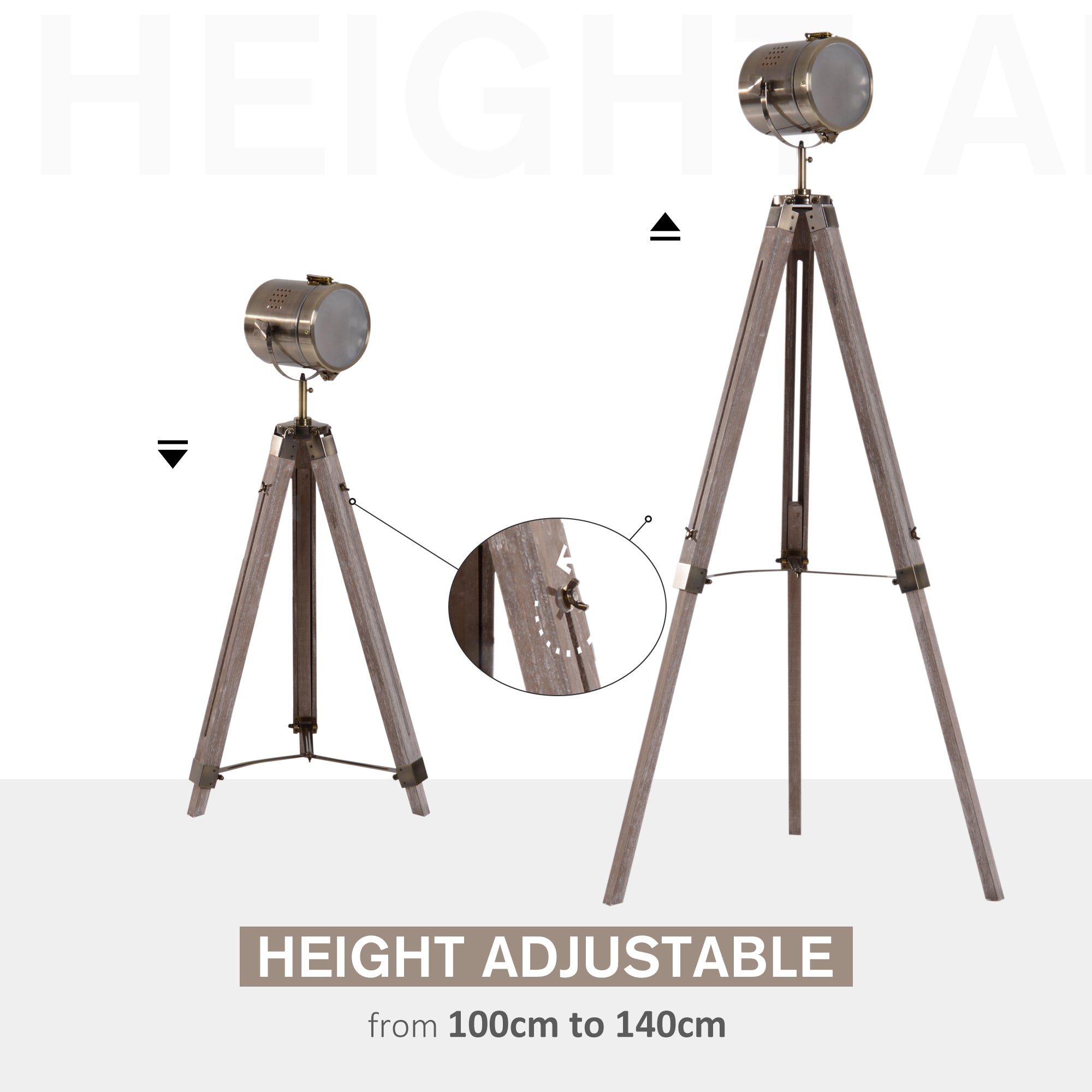 HOMCOM Industrial Tripod Floor Lamp, Nautical Searchlight with Adjustable Height, Wood Legs, E14 Lamp Base for Living Room, Bedroom, Grey and Bronze 