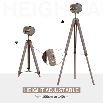 HOMCOM Industrial Tripod Floor Lamp, Nautical Searchlight with Adjustable Height, Wood Legs, E14 Lamp Base for Living Room, Bedroom, Grey and Bronze 