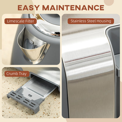 HOMCOM Stainless Steel Kettle and Toaster Set, 1.7L 3000W Rapid Boil Jug Kettle with UK Strix Thermostat, Limescale Filter, 4 Slice Toaster with 7 Browning Controls, Crumb Tray, Grey and Silver Tone 