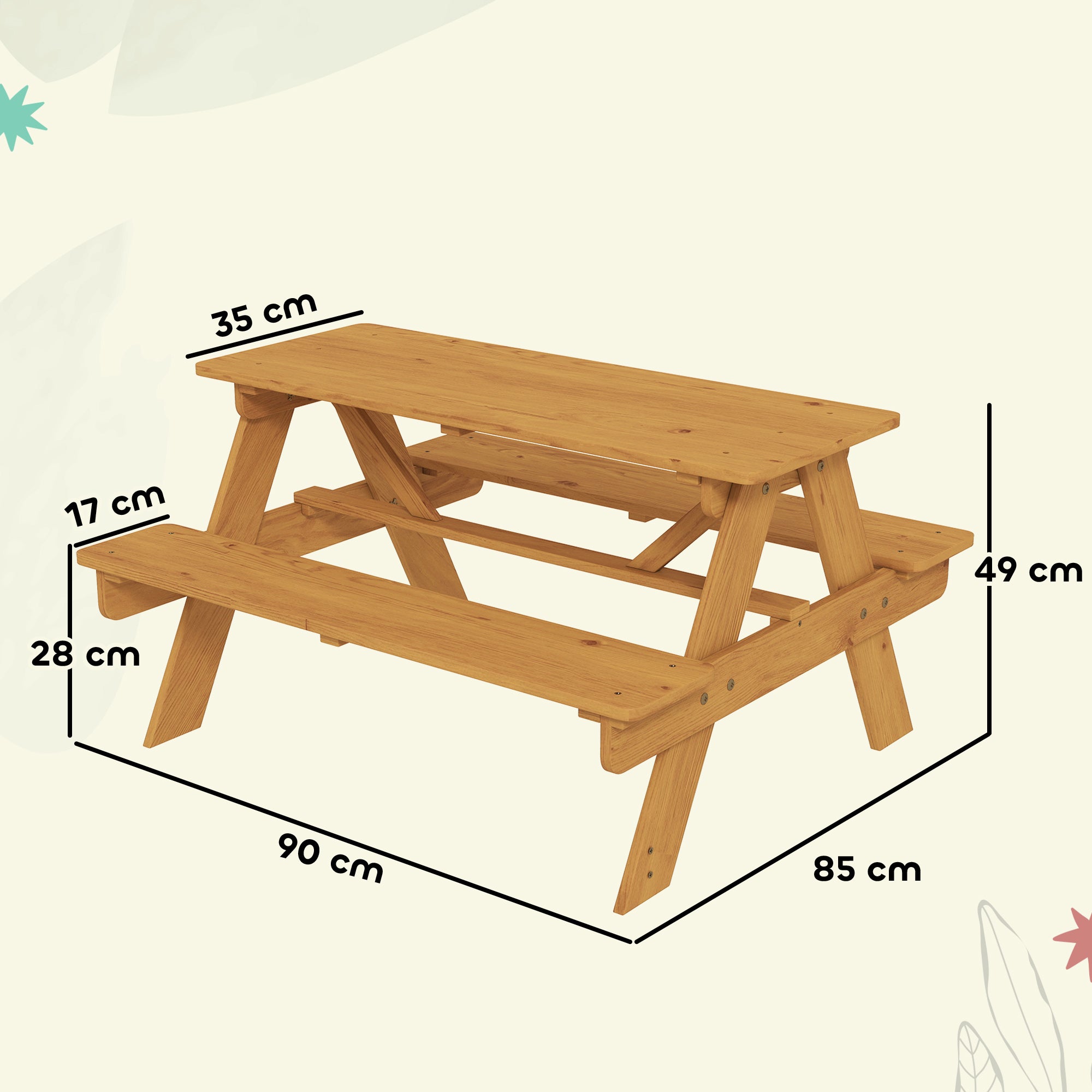 AIYAPLAY Kids Picnic Table for Outdoor Wooden Table & Bench Set with Integrated Benches Natural Wood 