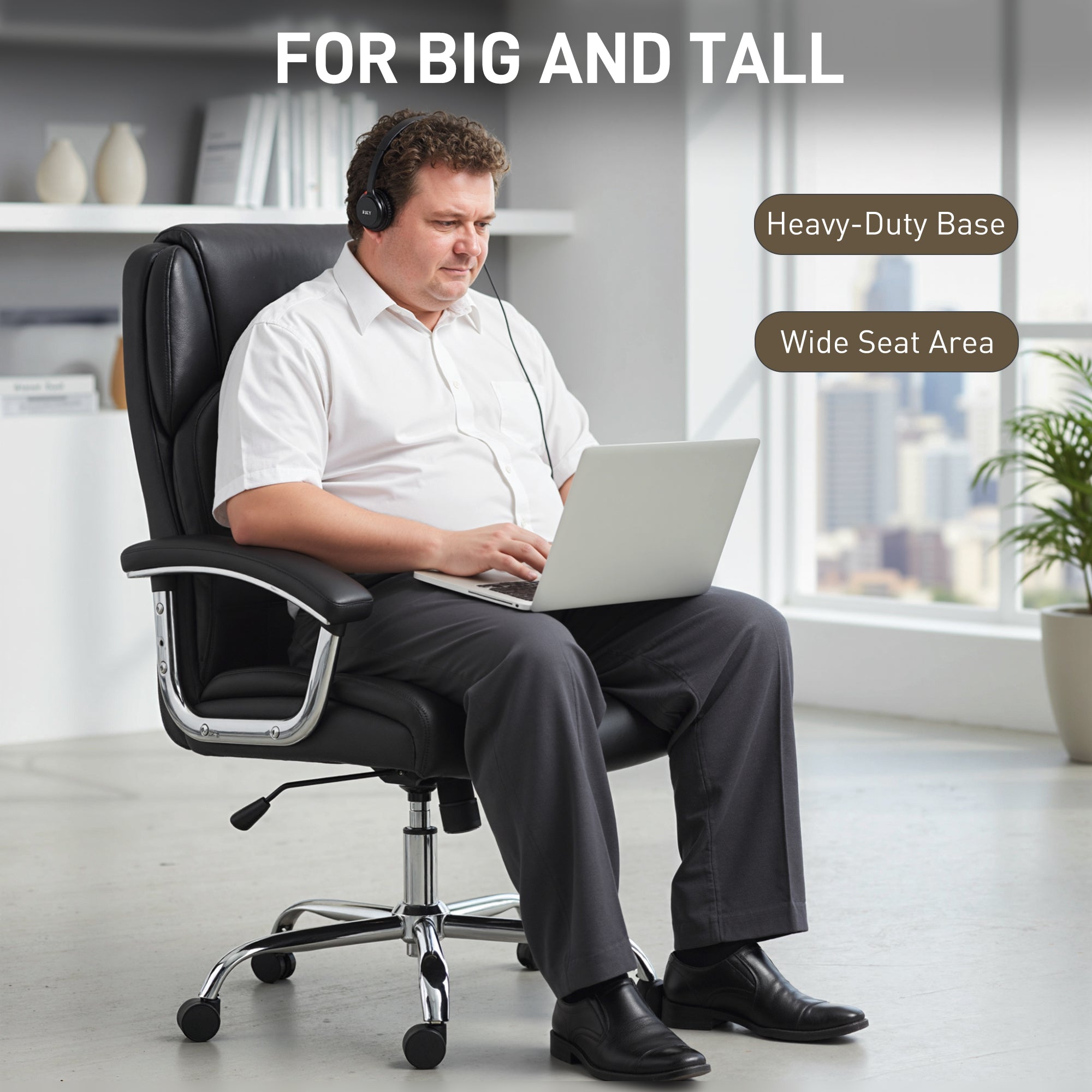 HOMCOM Big and Tall Office Chair 180kg with Spring Cushion, PU Leather - Black 