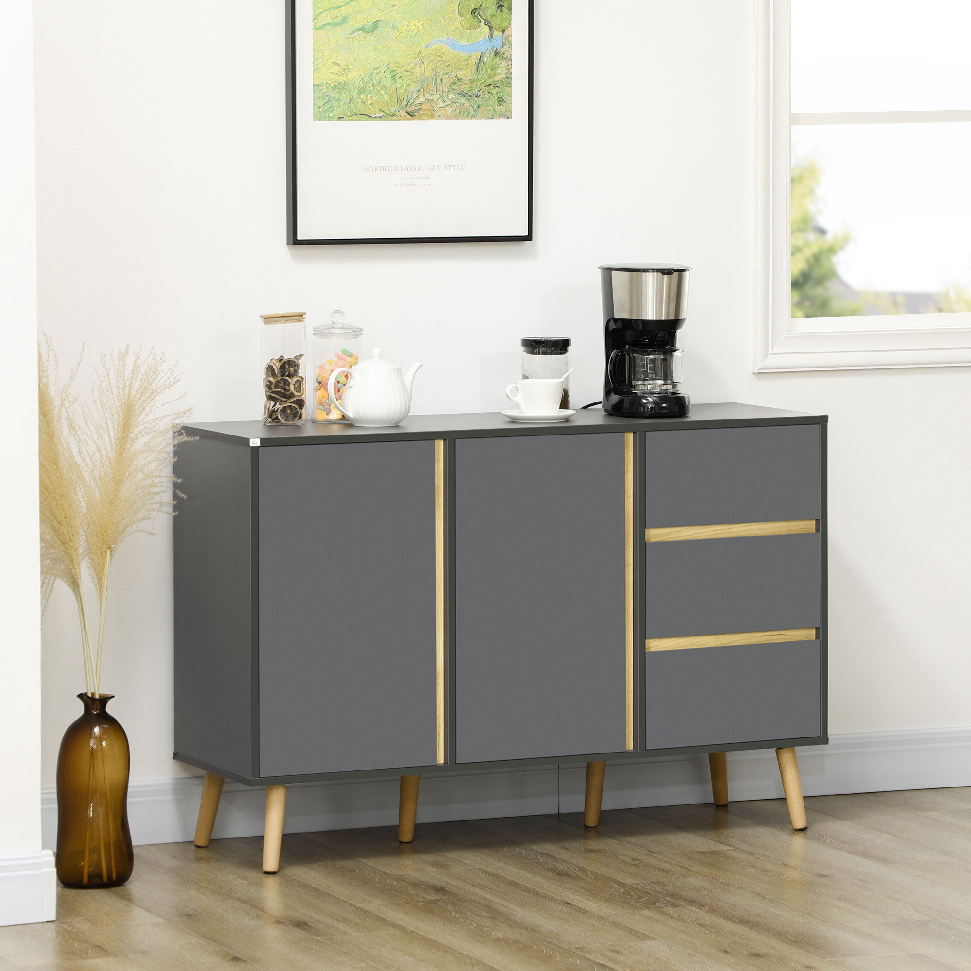 HOMCOM Sideboard, Modern Kitchen Cupboard with Double Doors and 3 Drawers, Adjustable Shelves for Living Dining Room, Dark Grey 