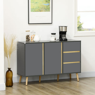 HOMCOM Sideboard, Modern Kitchen Cupboard with Double Doors and 3 Drawers, Adjustable Shelves for Living Dining Room, Dark Grey 