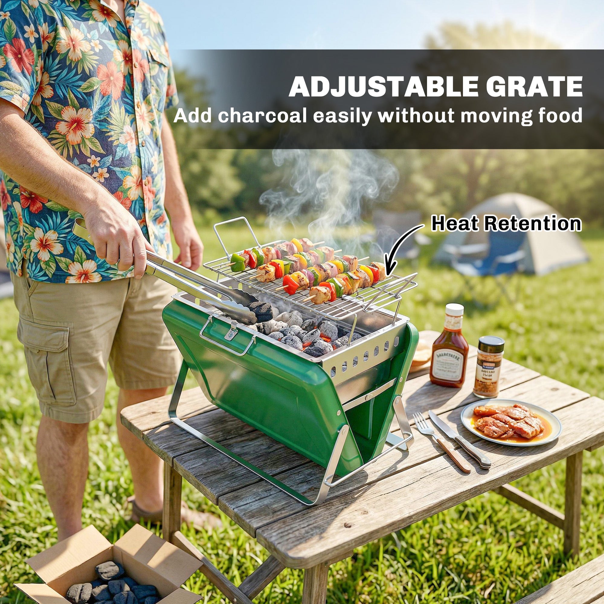Outsunny Charcoal BBQ Grill Portable Stainless Steel Barbecue with Tilting Grate for Camping Picnic Garden Dark Green 