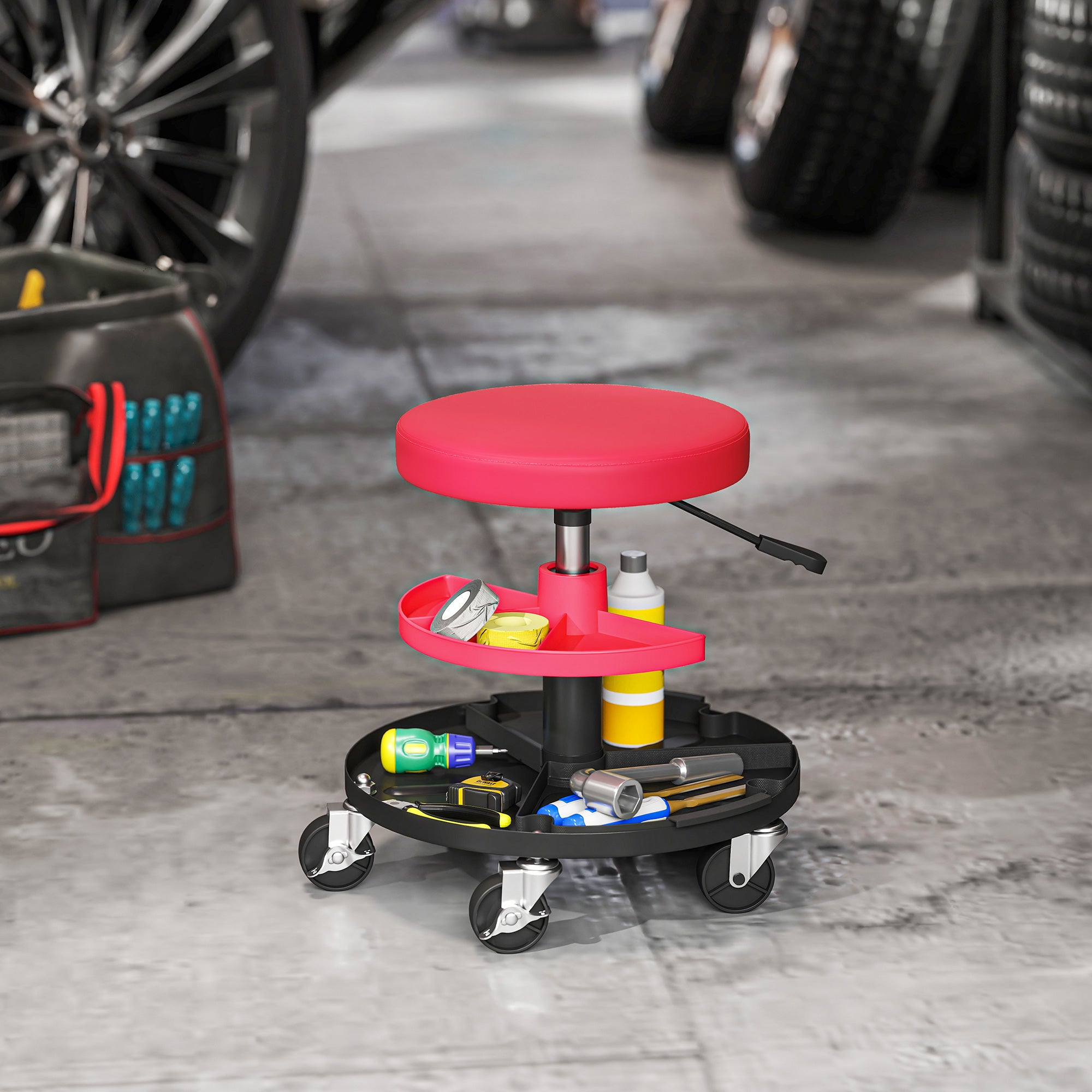 HOMCOM Rolling Mechanic Stool, 135kg Capacity Workshop Stool, 360° Swivel Roller Padded Creeper Seat with Wheels, Tool Trays Storage for Garage, Shop, Auto Repair, Red 