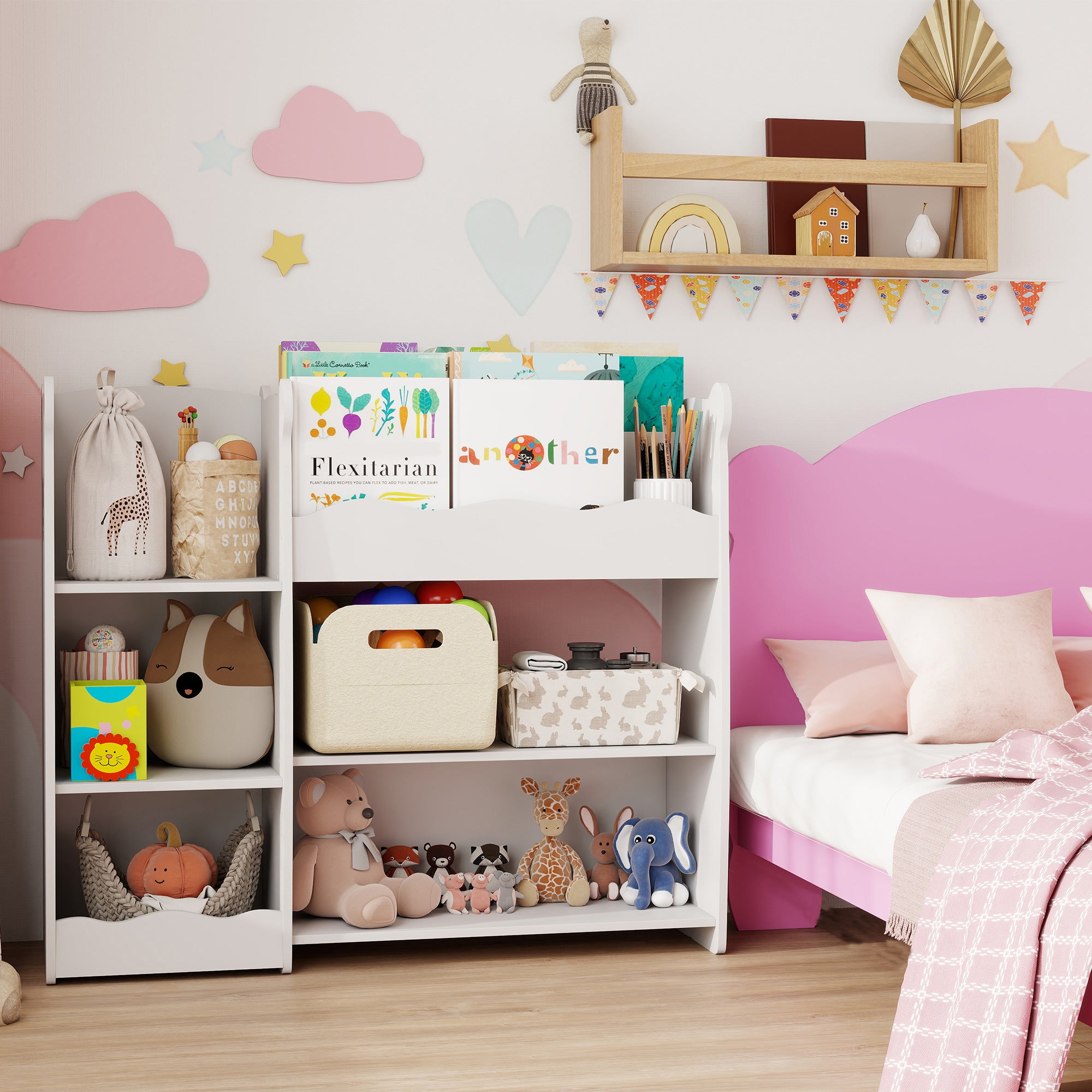 AIYAPLAY Kids Toy Storage Unit, Bear Design Kids Bookshelf and Toy Organiser, for Bedroom, Nursery, Playroom, White 