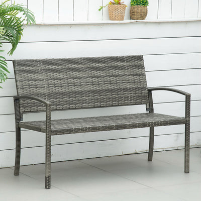 Outsunny 2 Seater Poly Rattan Garden Bench, All Weather Wicker Garden Loveseat, Outdoor Seating Bench with 240 Load Capacity, Backrest and Armrests for Patio, Terrace, Balcony, Grey 