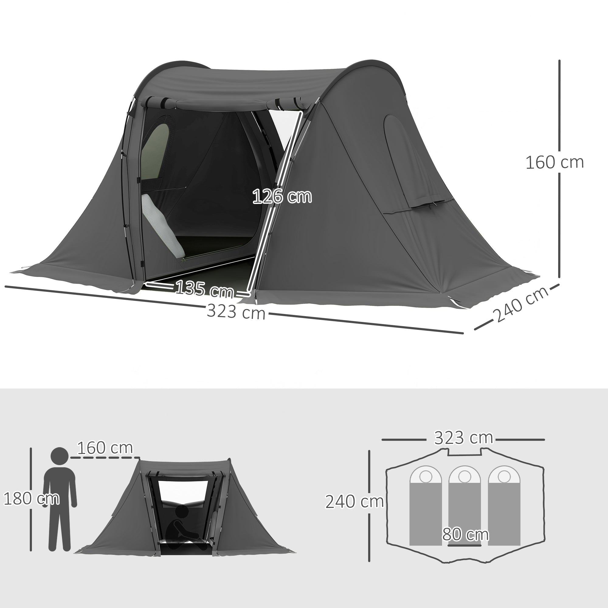Outsunny 3 Man Camping Tent with Living Area and 2 Bedrooms, 3000mm Waterproof Family Tent with Sewn-in Groundsheet, Portable with Bag for Hiking, Festival, Backpacking, Drak Grey 