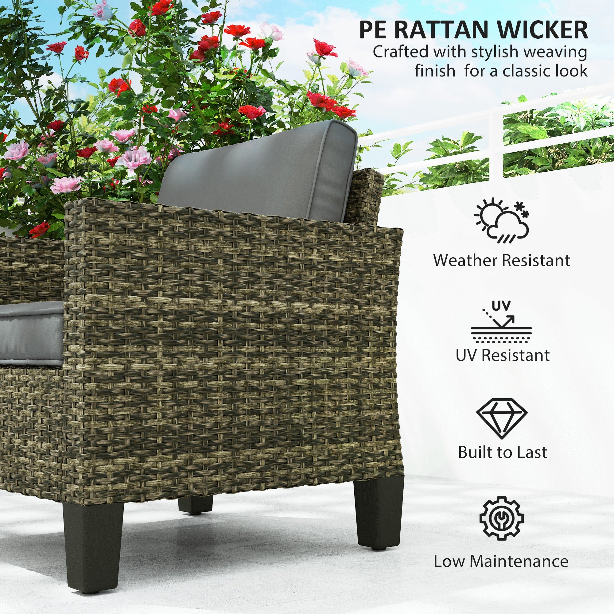 Outsunny Single Rattan Armchair, with Cushions - Mixed Grey