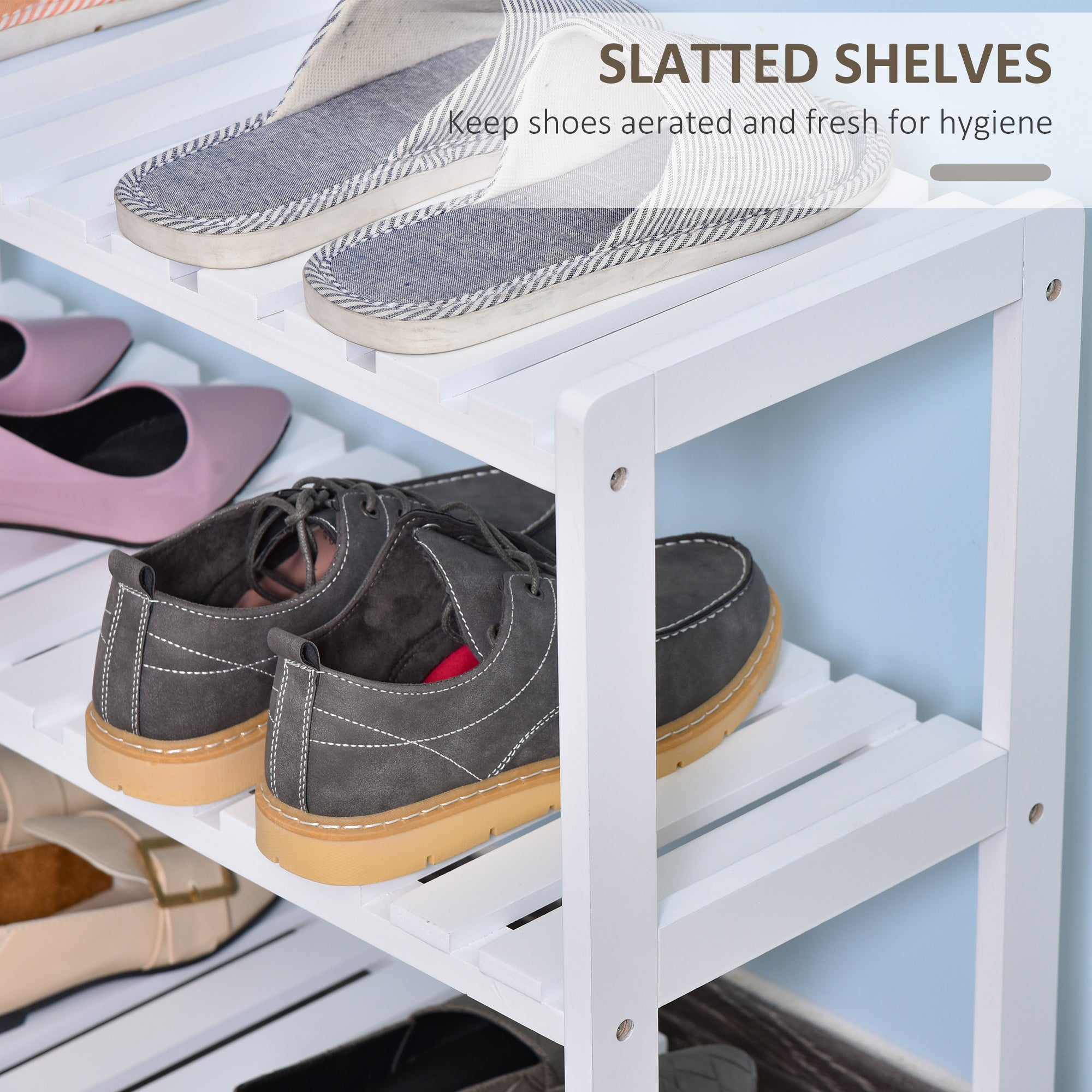 HOMCOM 3-Tier Shoe Rack Wood Frame Slatted Shelves Spacious Open Hygienic Storage Home Hallway Furniture Family Guests 70L x 26W x 57.5H cm - White 