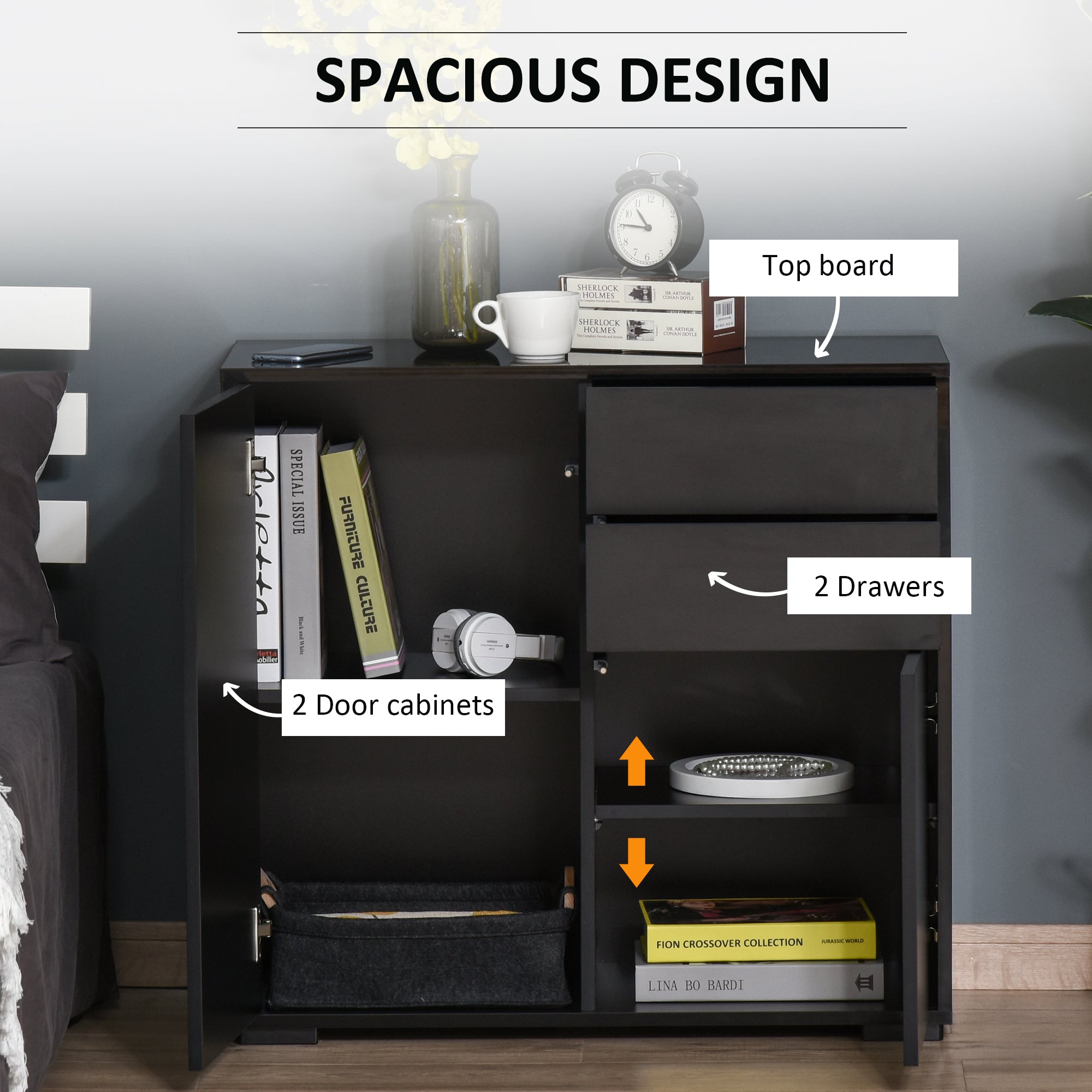 HOMCOM High Gloss Frame Sideboard, Push-Open Design with 2 Drawers for Living Room, Bedroom, 74H x 79W x 36Dcm, Black 