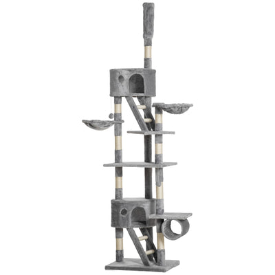 PawHut Floor to Ceiling Cat Tree for Indoor Cats, 240-260cm, Adjustable Height - Light Grey 