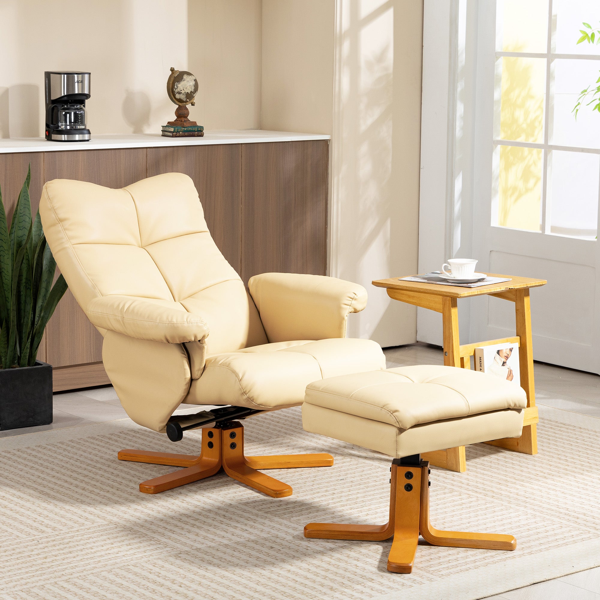 HOMCOM PU Leather Swivel Recliner Chair with Footstool, Wooden Base and Storage for Living Room, Beige 