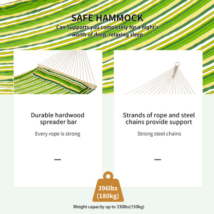 Outsunny Double Cotton Hammock Camping Swing Outdoor Garden Beach Stripe Hanging Bed with Pillow 188L x 140W cm, Green 