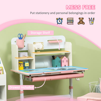 HOMCOM Kids Desk and Chair Set, with Storage Shelves, Washable Cover, for Ages 3-12 Years - Pink 