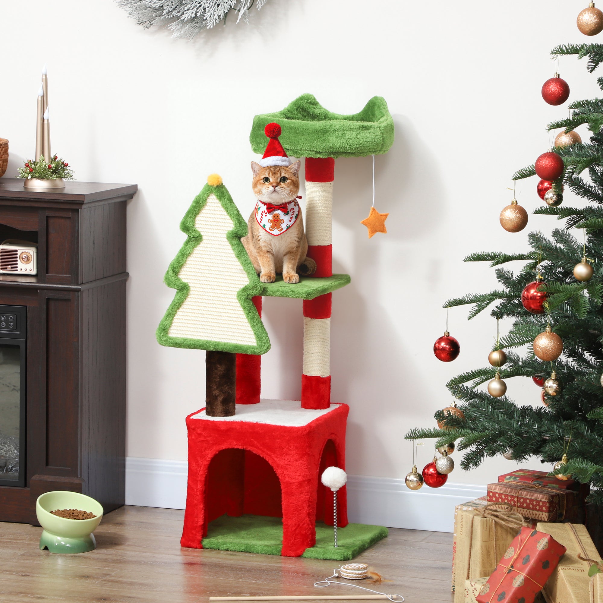 PawHut Christmas Cat Tree, 120cm Cat Tower with Scratching Post & Board, Platform, Toys, Green 