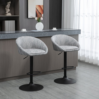 HOMCOM Modern Bar Stools Set of 2, Height Adjustable Swivel Barstools, PU Leather Upholstered Bar Chair with Backrest, Armrests and Footrest for Breakfast Bar, Counter, Kitchen, Light Grey 