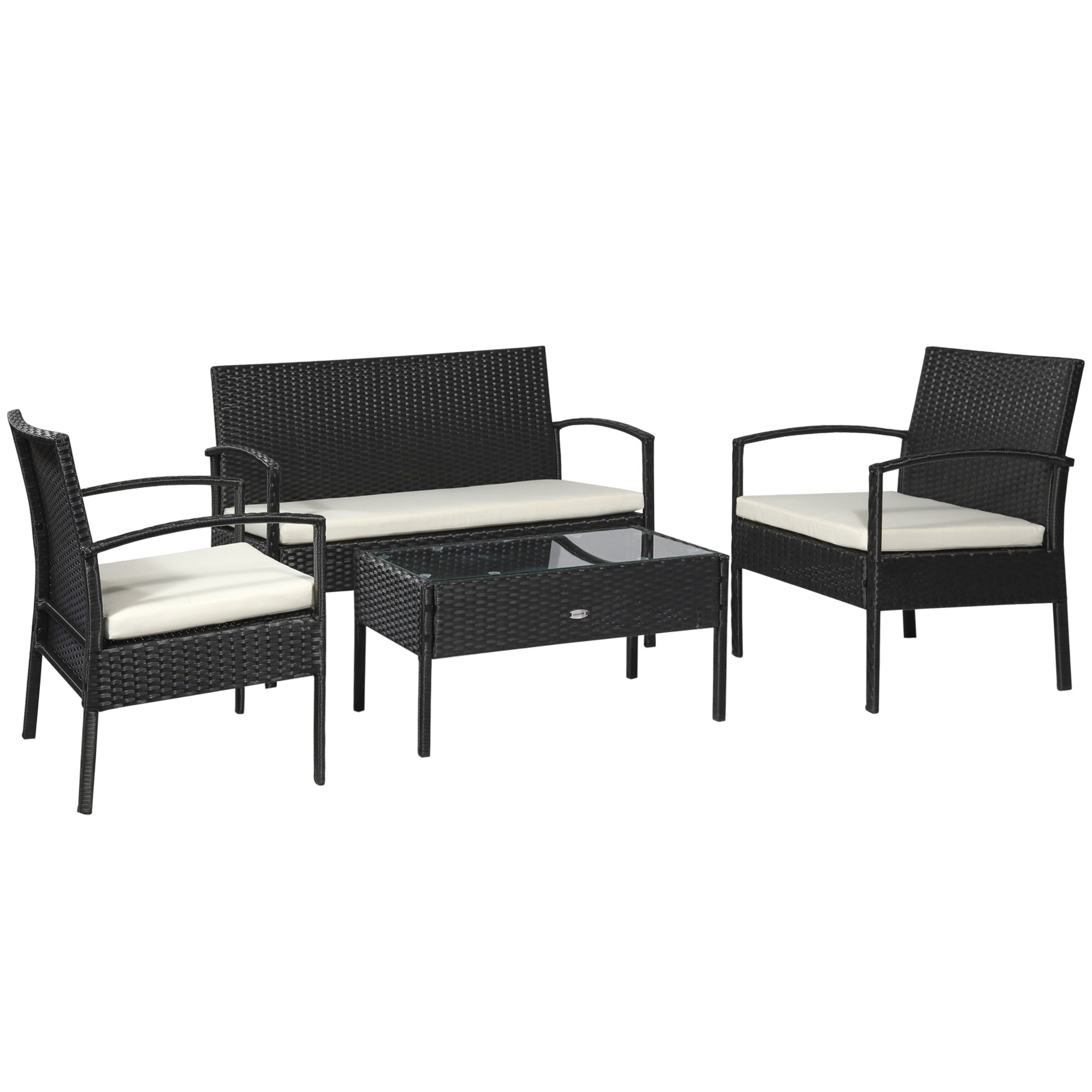 Outsunny 4 Pieces Rattan Garden Furniture Set, 4 Seater Garden Sofa Set with Loveseat, Armchairs and Glass Top Table, Wicker Conservatory Furniture with Cushions for Patio, Balcony, Black 