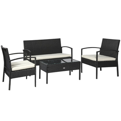 Outsunny 4 Pieces Rattan Garden Furniture Set, 4 Seater Garden Sofa Set with Loveseat, Armchairs and Glass Top Table, Wicker Conservatory Furniture with Cushions for Patio, Balcony, Black 