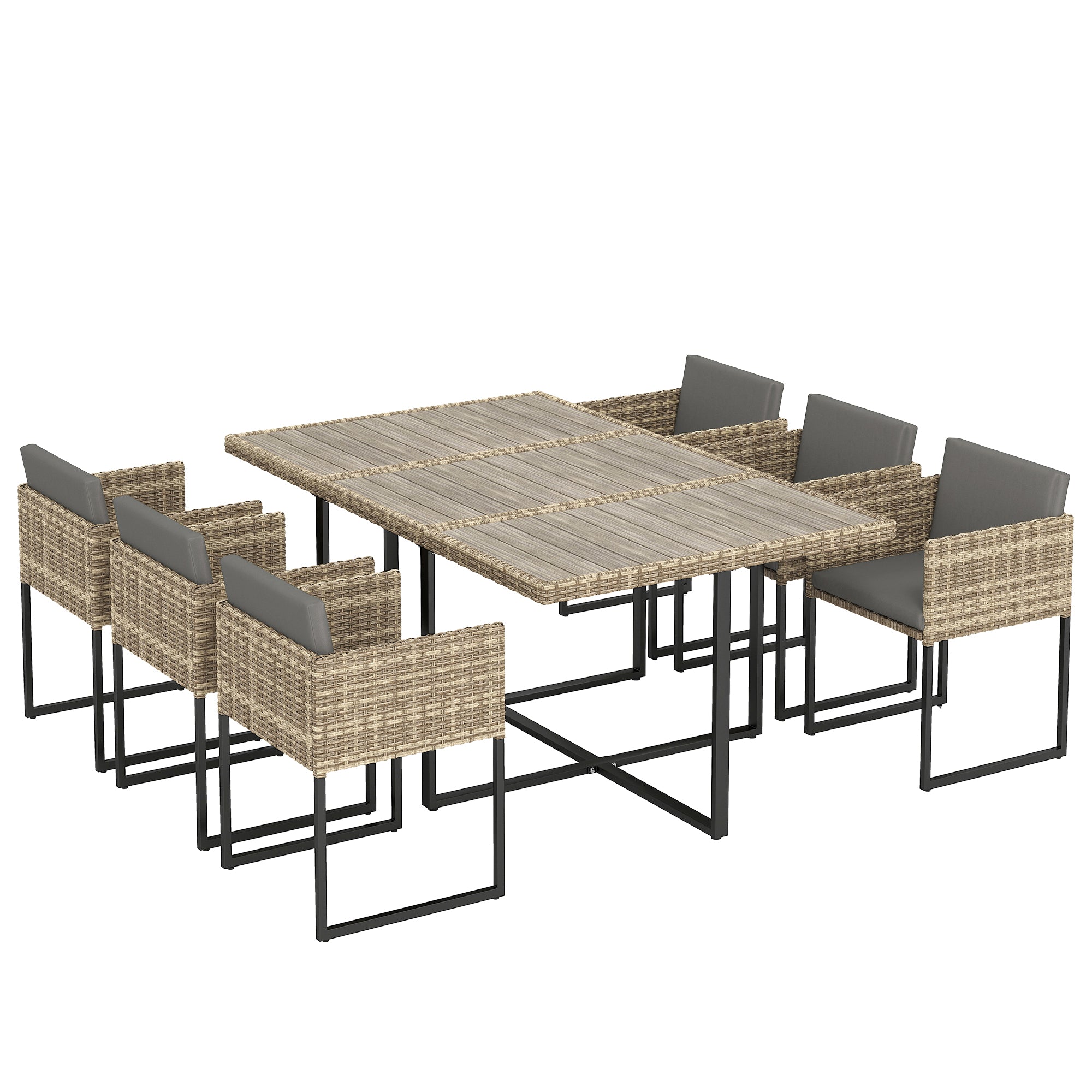 Outsunny 7 Piece Rattan Garden Furniture Set, Garden Dining Set with Wood-Plastic Table and 6 Stackable Chairs, Light Brown 
