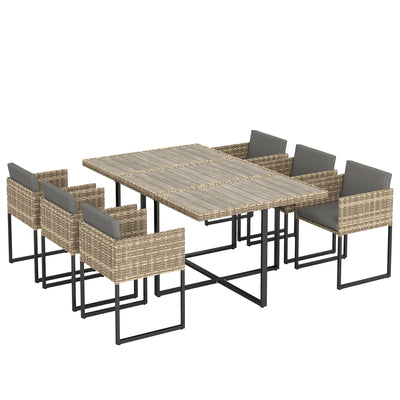 Outsunny 7 Piece Rattan Garden Furniture Set, Garden Dining Set with Wood-Plastic Table and 6 Stackable Chairs, Light Brown 