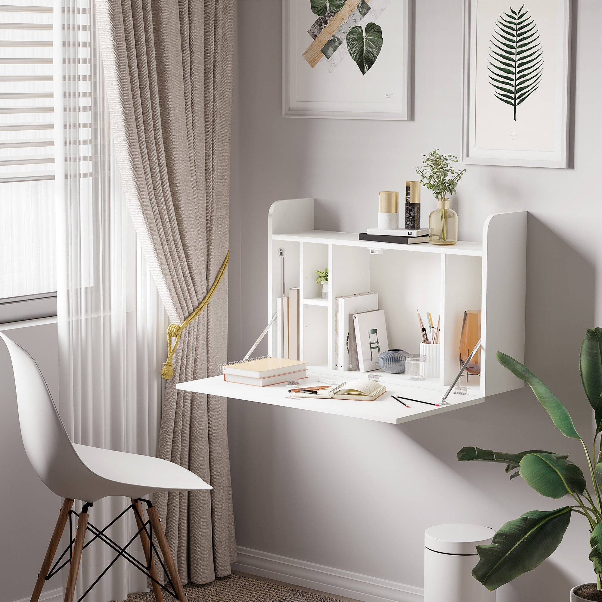 HOMCOM Wall Mounted Table, Drop Leaf Floating Laptop Desk with Space Saving Storage Compartments for Home Office and Study, 77cm x 20cm x 51cm, White 
