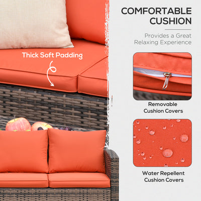 Outsunny 6 Pieces Rattan Garden Furniture Set, 7 Seater Wicker Outdoor Furniture Set with Storage Tea Table & Side Table, Sectional Garden Sofa Set with Cushions, Orange 