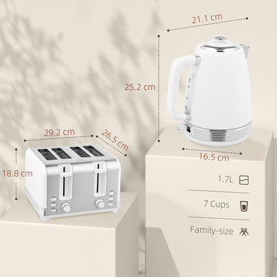 HOMCOM Stainless Steel Kettle and Toaster Set, 1.7L 3000W Rapid Boil Jug Kettle with UK Strix Thermostat, Limescale Filter, 4 Slice Toaster with 7 Browning Controls, Crumb Tray, White and Silver Tone 