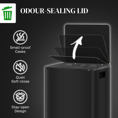 HOMCOM 50L Dual Compartment Stainless Steel Bin, with Deodoriser Holders - Black 
