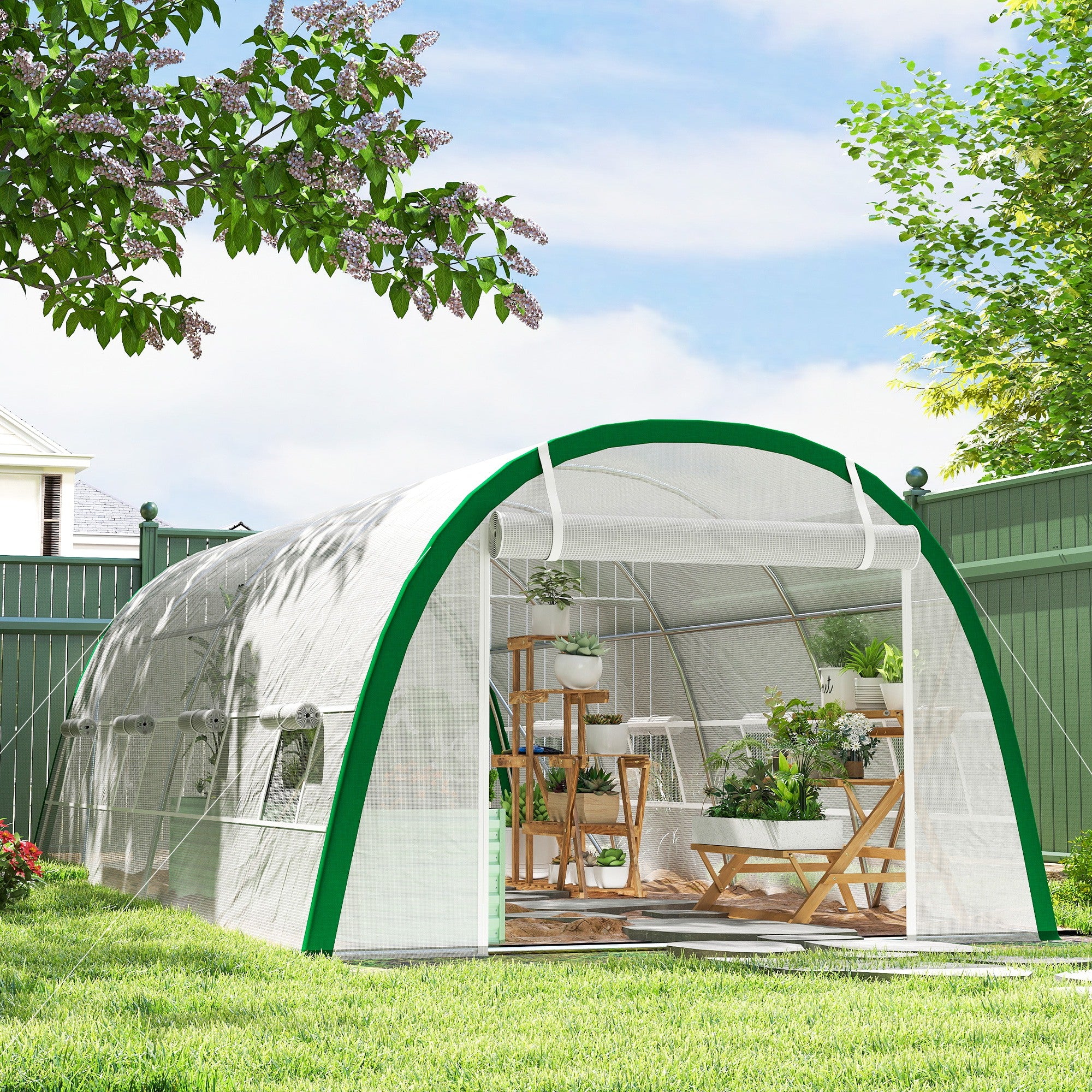Outsunny Walk-in Polytunnel Greenhouse Tunnel Warm House Tent with Zipped Doors, 8 Mesh Windows, PE Cover, 6 x 3 m, White 