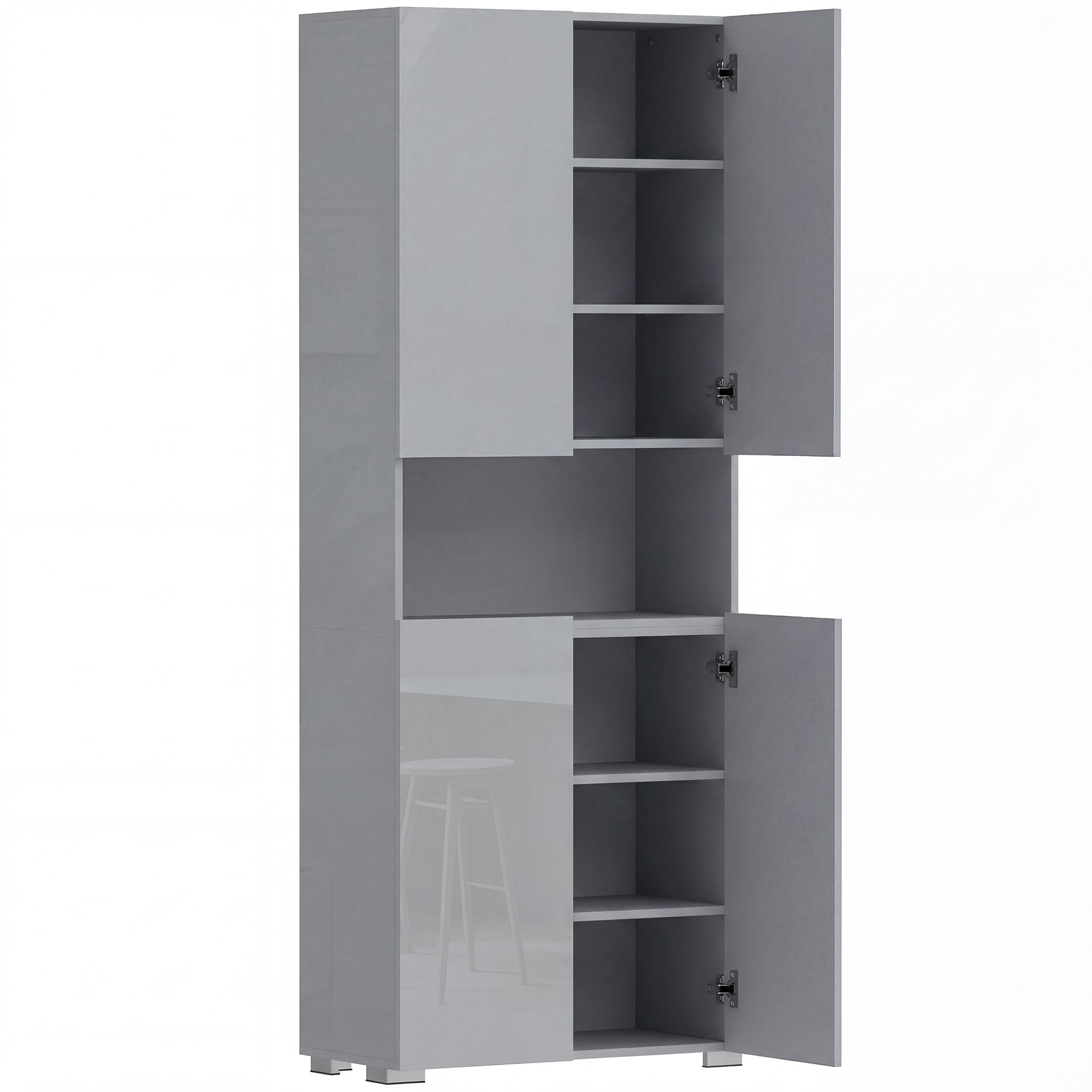 HOMCOM 180 cm Tall Kitchen Cupboard, Pantry Storage Cabinet with Soft Close Doors and Adjustable Shelves, High Gloss Grey 
