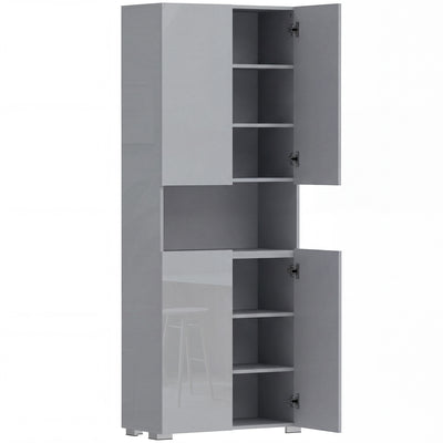 HOMCOM 180 cm Tall Kitchen Cupboard, Pantry Storage Cabinet with Soft Close Doors and Adjustable Shelves, High Gloss Grey 