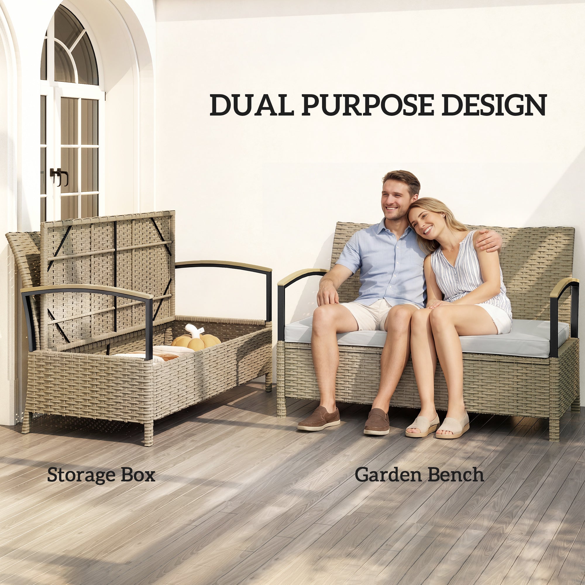 Outsunny 125L Garden Storage Bench, 2 Seater PE Rattan Outdoor Bench Storage Box with Padded Cushion, Khaki 