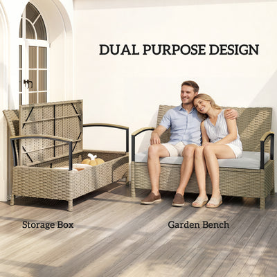Outsunny 125L Garden Storage Bench, 2 Seater PE Rattan Outdoor Bench Storage Box with Padded Cushion, Khaki 