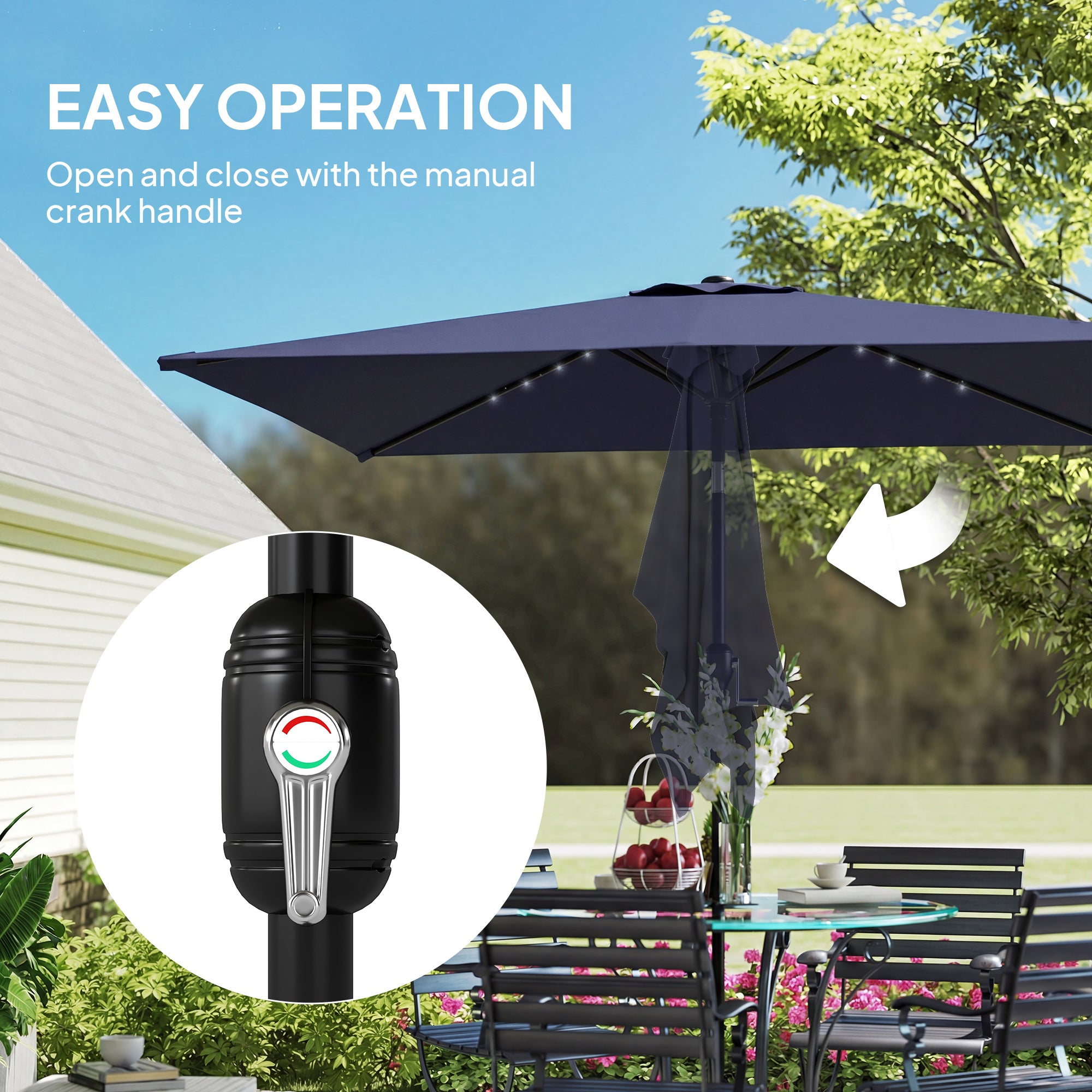 Outsunny 3 x 2 m Garden Parasol Umbrella with LED Solar Light, Parasol Cover, Outdoor Market Patio Umbrella, Navy Blue 