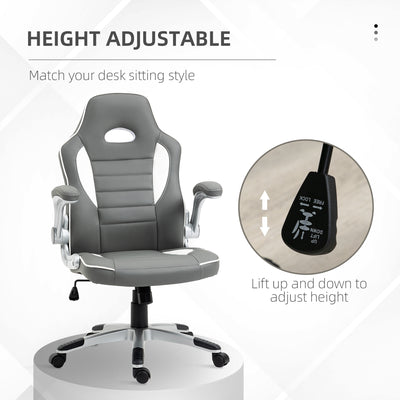 Vinsetto Computer Gaming Chair, Office Desk Swivel Chair, PU Leather Racing Chair with 90\'c2\'b0 Flip-up Armrest, Adjustable Height and Rolling Wheels, Grey 