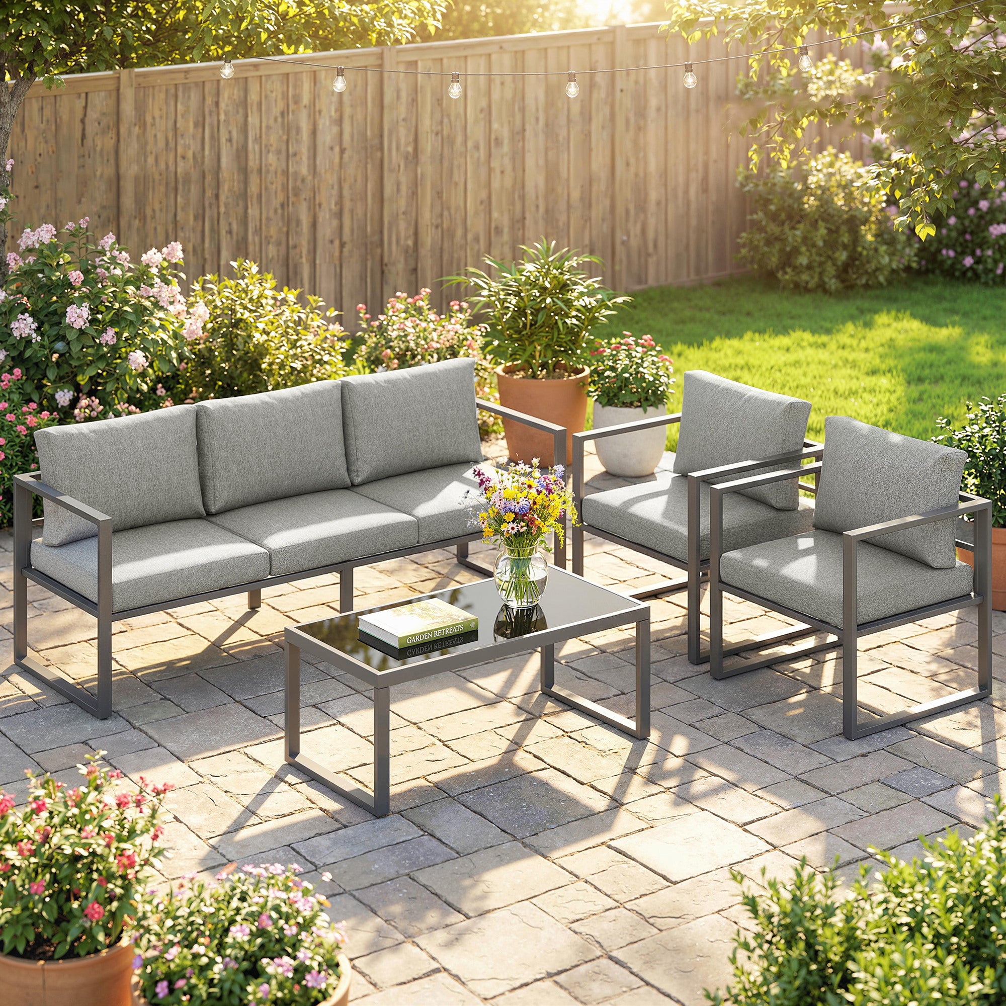 Outsunny 4 Piece Outdoor Garden Furniture Set, Patio Furniture with 3-Seater Sofa, Armchairs and Coffee Table 