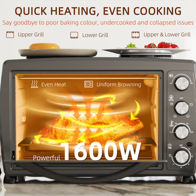 HOMCOM 36L Small Oven with 2 Hot Plates, Countertop Toaster Oven, Grill, Roast, Bake, Boil, with Timer, Adjustable Temperature, Electric Oven with Baking Tray, Grill Rack, Crumb Tray, 2600W, Black 