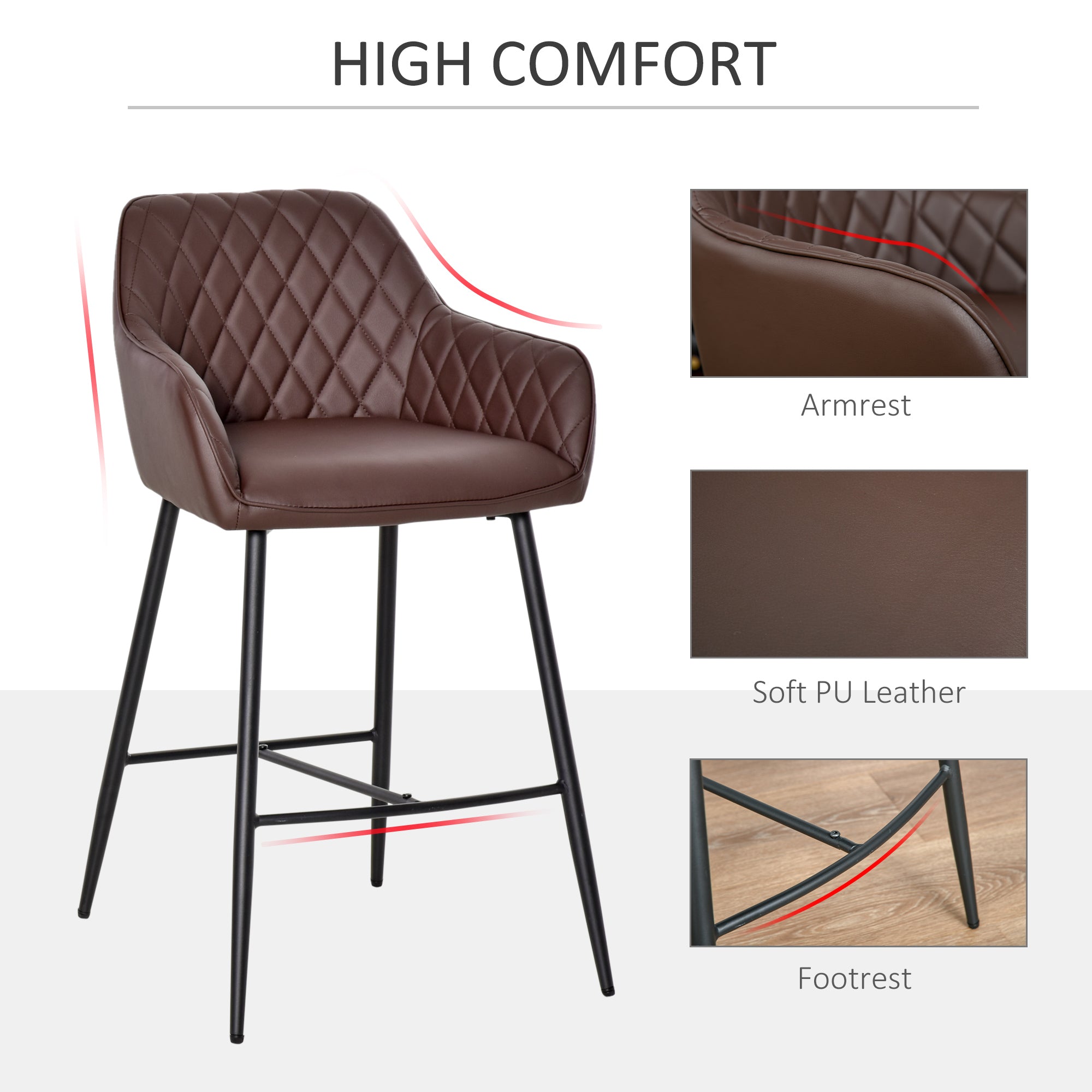 HOMCOM Set of 2 Bar stools Retro PU Leather Bar Chairs w/ Footrest Metal Frame Comfort Support Stylish Dining Seating Home Brown 